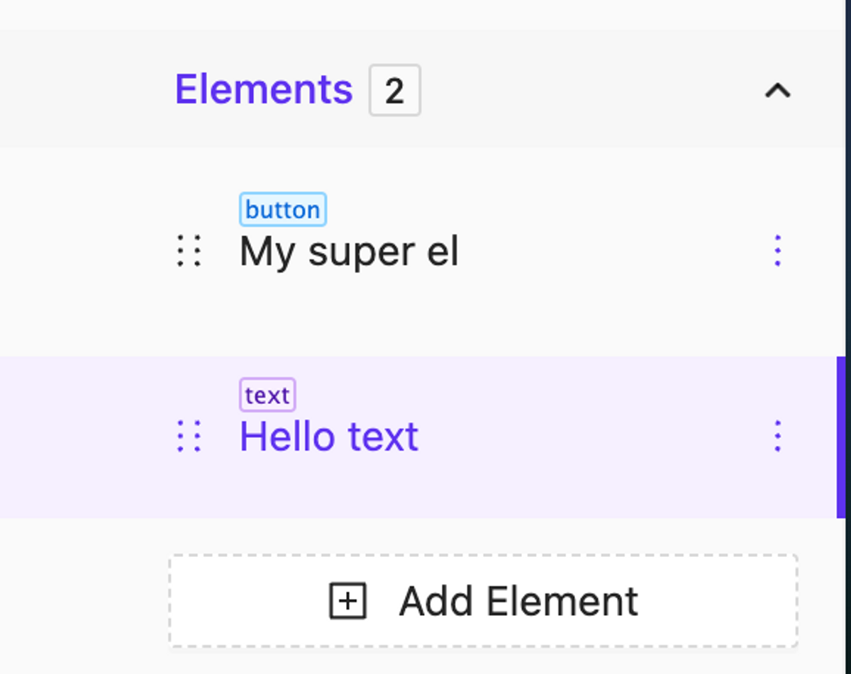 The element type is now printed directly on its name in the main menu, making it easy to understand what type of element is being used.
